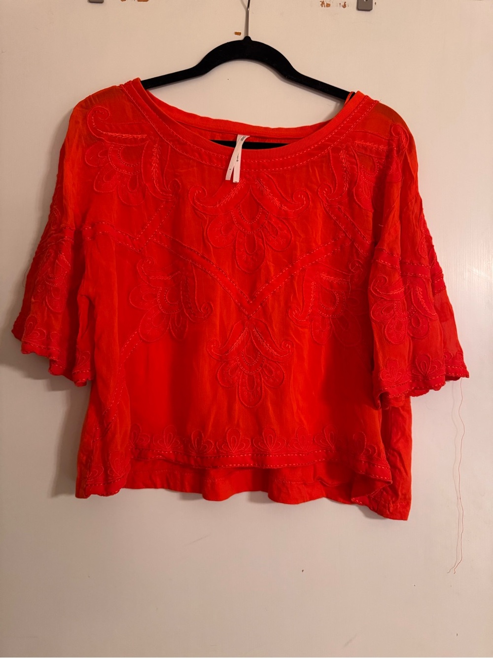 Anthropologie Women’s Embroidered Orange Short-Sleeve Crop Top